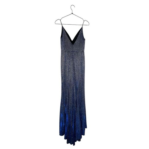 Dear Moon Blue Glitter Evening Gown Size 3 – Slit Hem, Spaghetti Straps, V-Neck - Picture 4 of 10